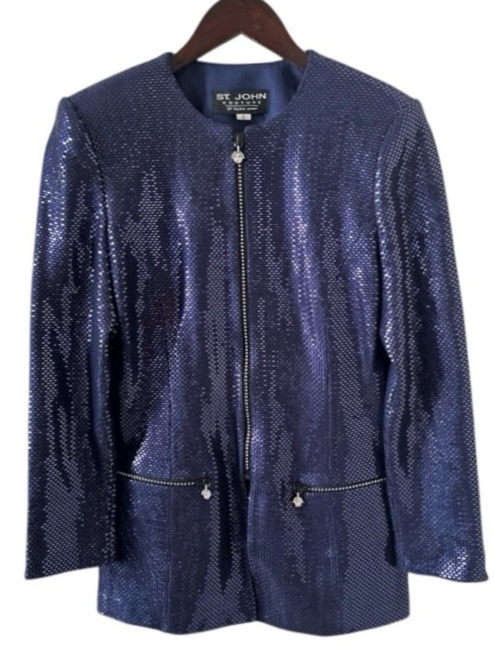 St. John Couture Dark Blue Paillette & Crystal 3/4 Sleeve Knit Jacket Size 2